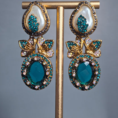 Elara Teal & Pearl Statement Earrings