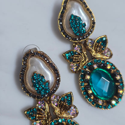 Elara Teal & Pearl Statement Earrings