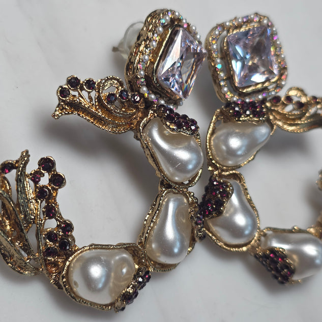 Elara White and Plum C-Hoop Statement Earrings