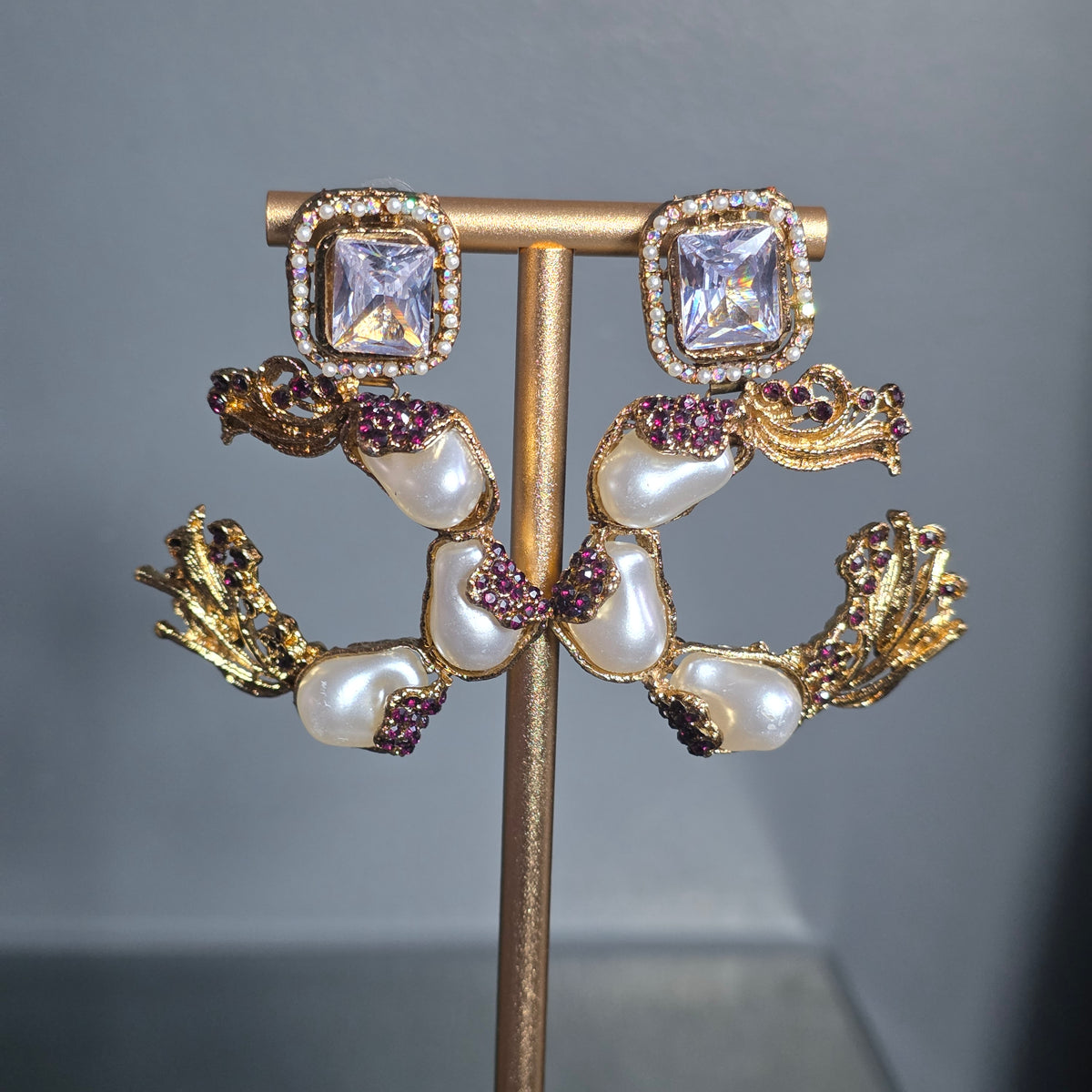 Elara White and Plum C-Hoop Statement Earrings