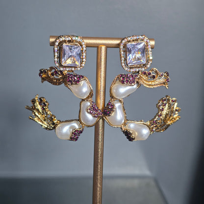 Elara White and Plum C-Hoop Statement Earrings
