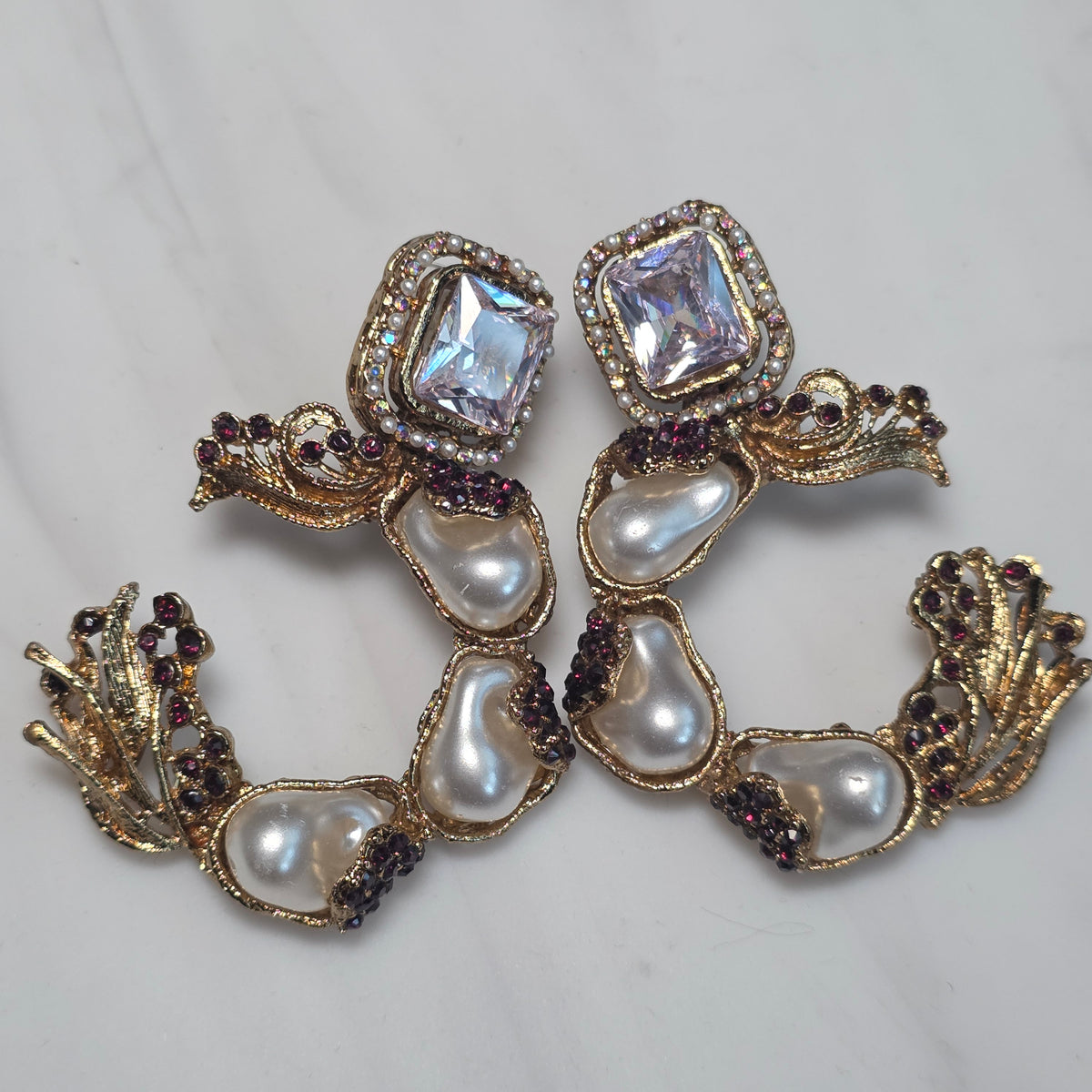 Elara White and Plum C-Hoop Statement Earrings
