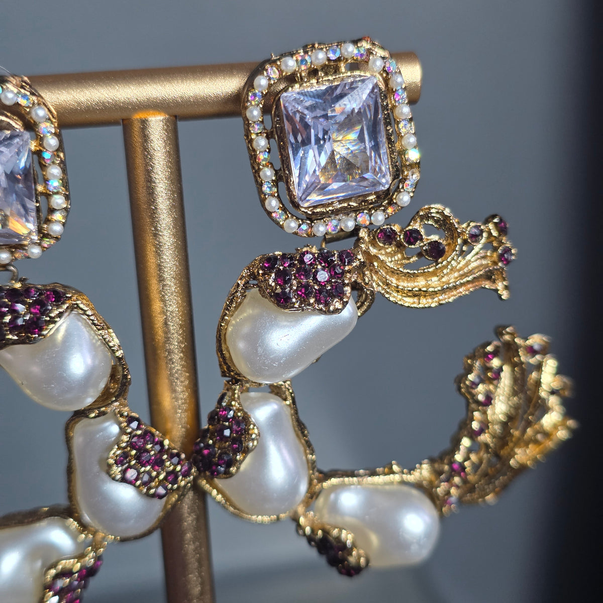 Elara White and Plum C-Hoop Statement Earrings