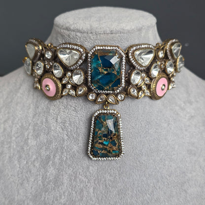 Elyzae Blue Marble Stone Choker Set