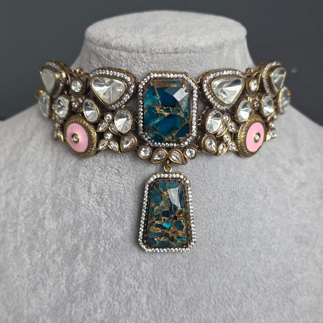 Elyzae Blue Marble Stone Choker Set