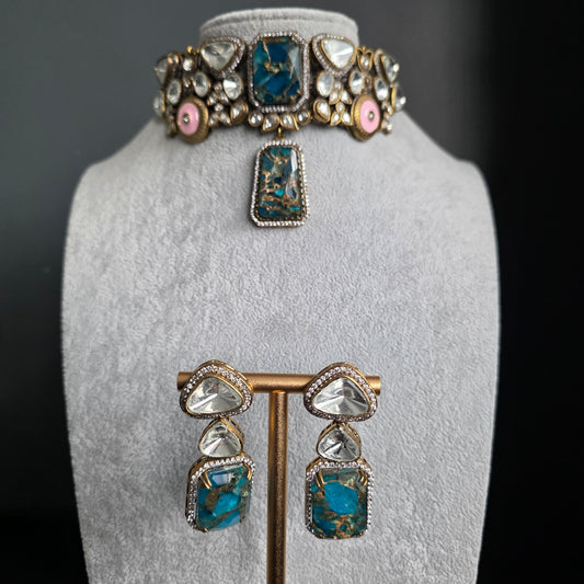 Elyzae Blue Marble Stone Choker Set image 2