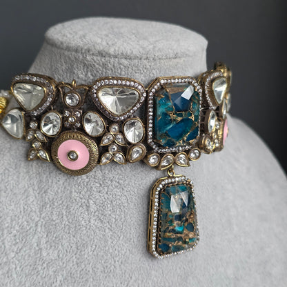 Elyzae Blue Marble Stone Choker Set