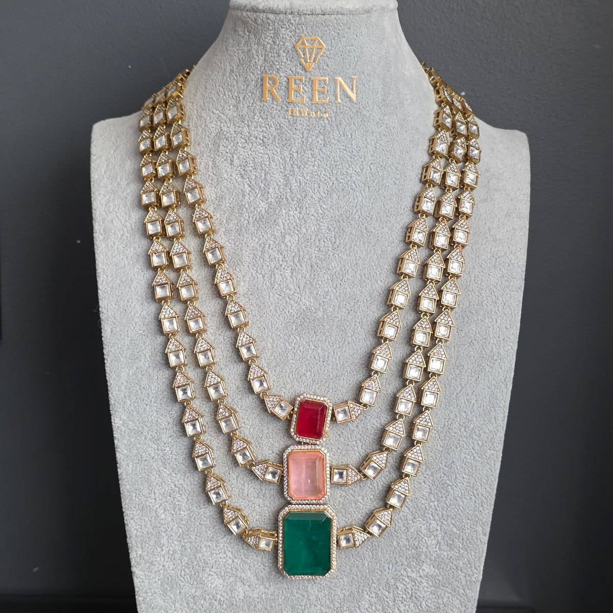 Elyzae Green, Pink & Red Stone Triple Layer Mala Set
