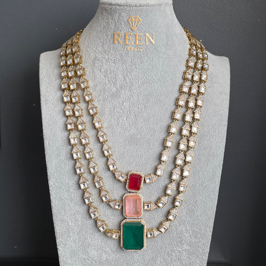 Elyzae Green, Pink & Red Stone Triple Layer Mala Set image 2