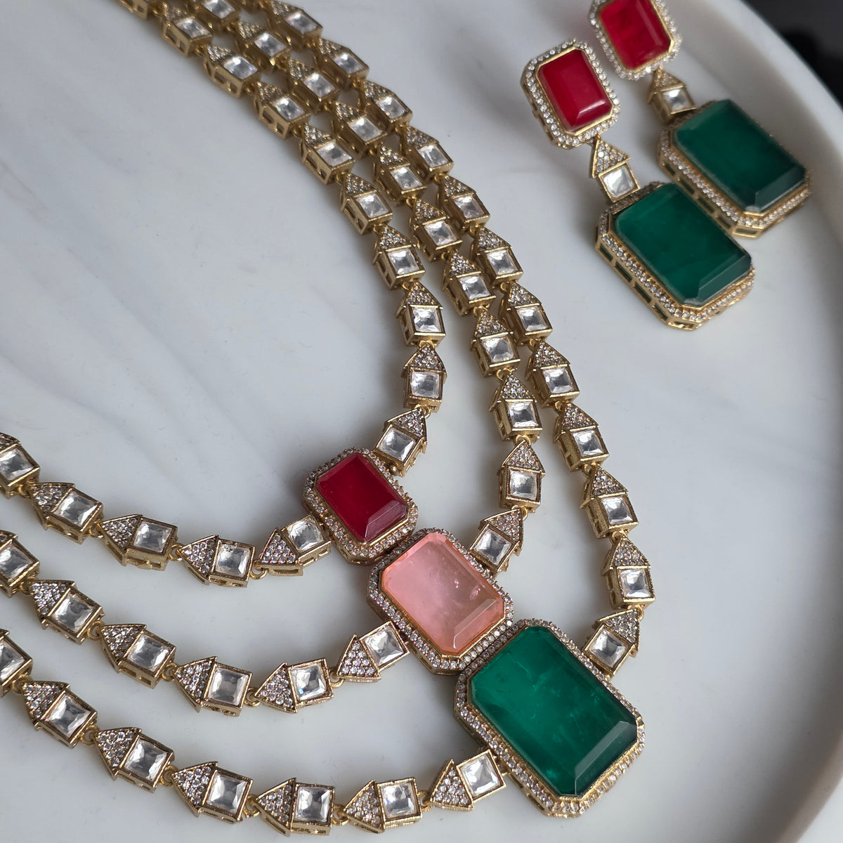 Elyzae Green, Pink & Red Stone Triple Layer Mala Set