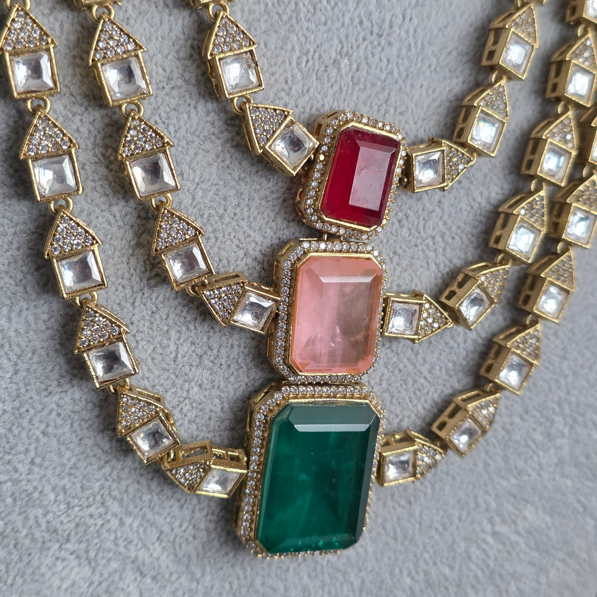 Elyzae Green, Pink & Red Stone Triple Layer Mala Set