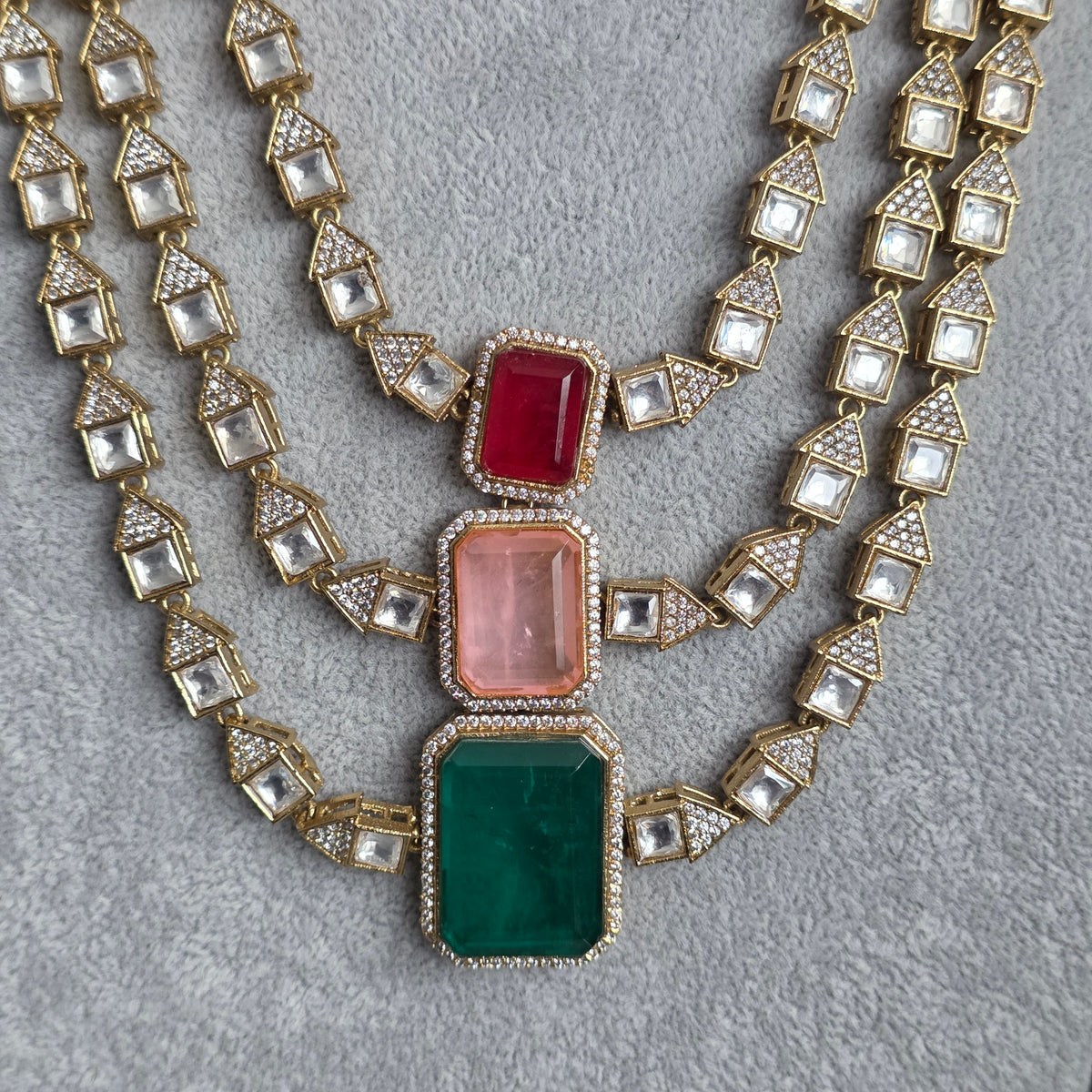 Elyzae Green, Pink & Red Stone Triple Layer Mala Set