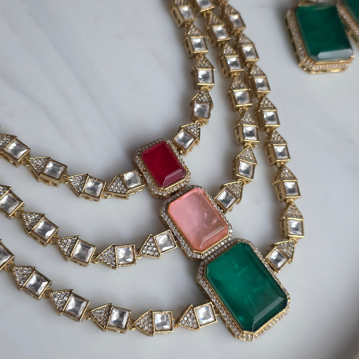 Elyzae Green, Pink & Red Stone Triple Layer Mala Set
