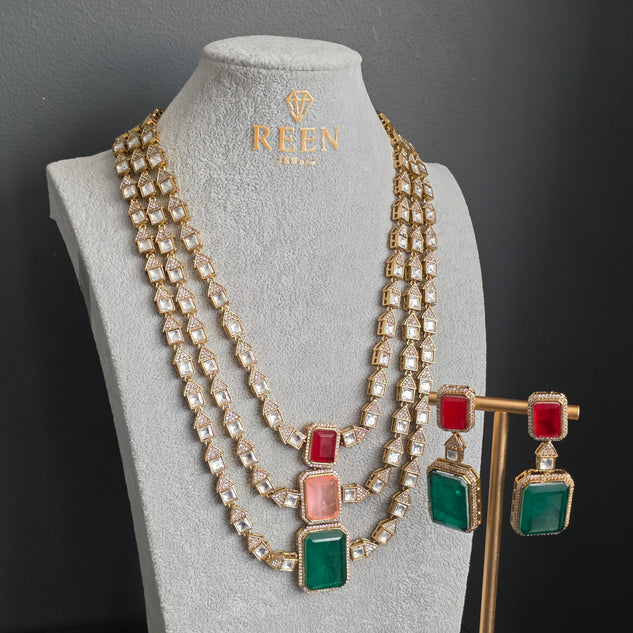 Elyzae Green, Pink & Red Stone Triple Layer Mala Set