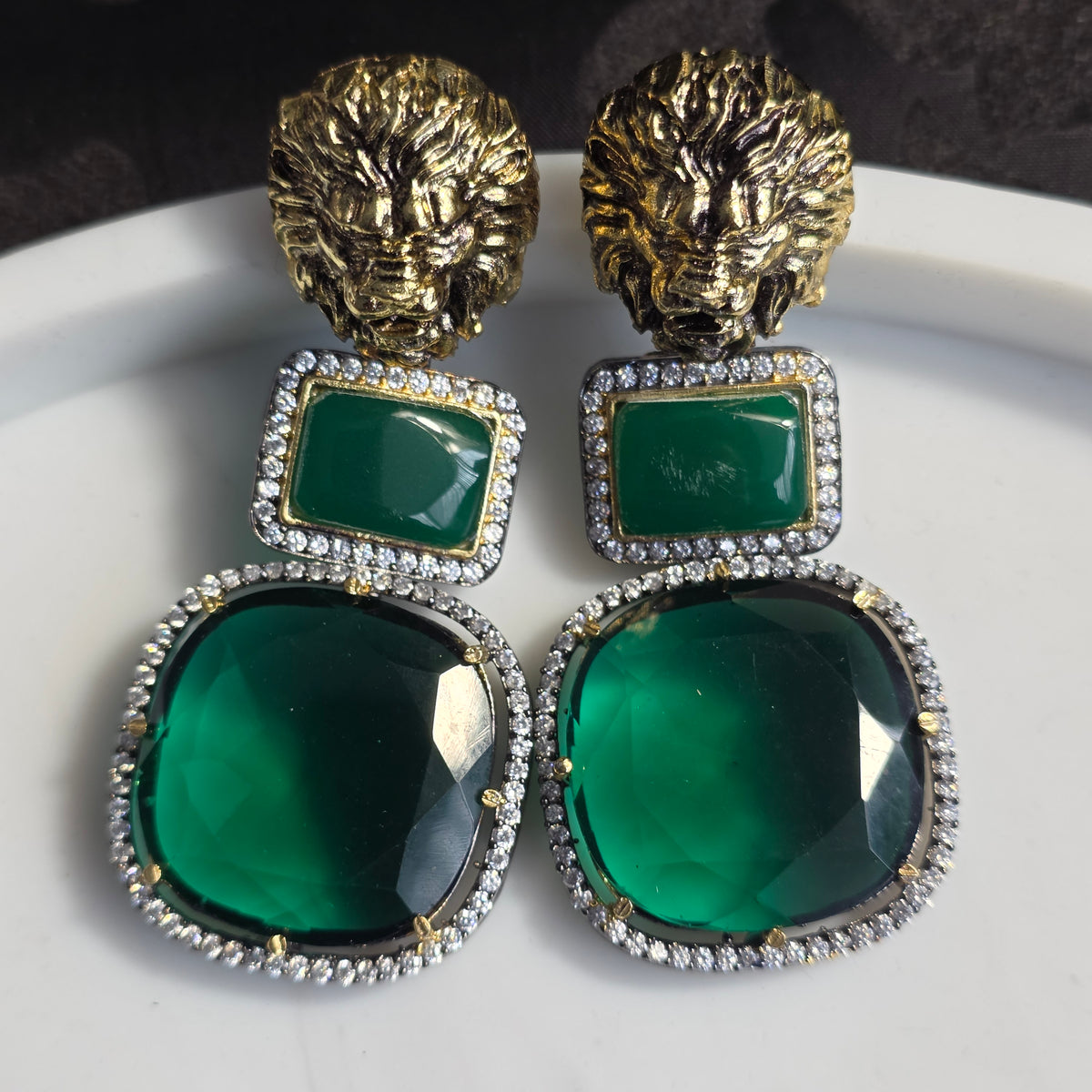 Elyzae Lion Emerald Green Stone Earrings