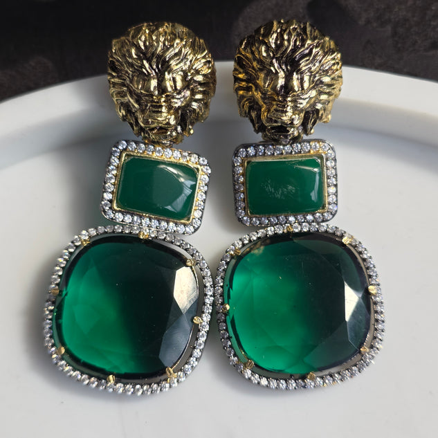 Elyzae Lion Emerald Green Stone Earrings