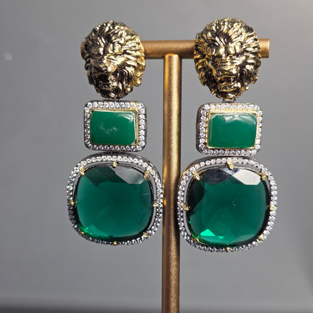 Elyzae Lion Emerald Green Stone Earrings