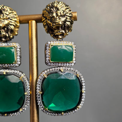 Elyzae Lion Emerald Green Stone Earrings