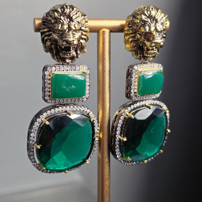 Elyzae Lion Emerald Green Stone Earrings