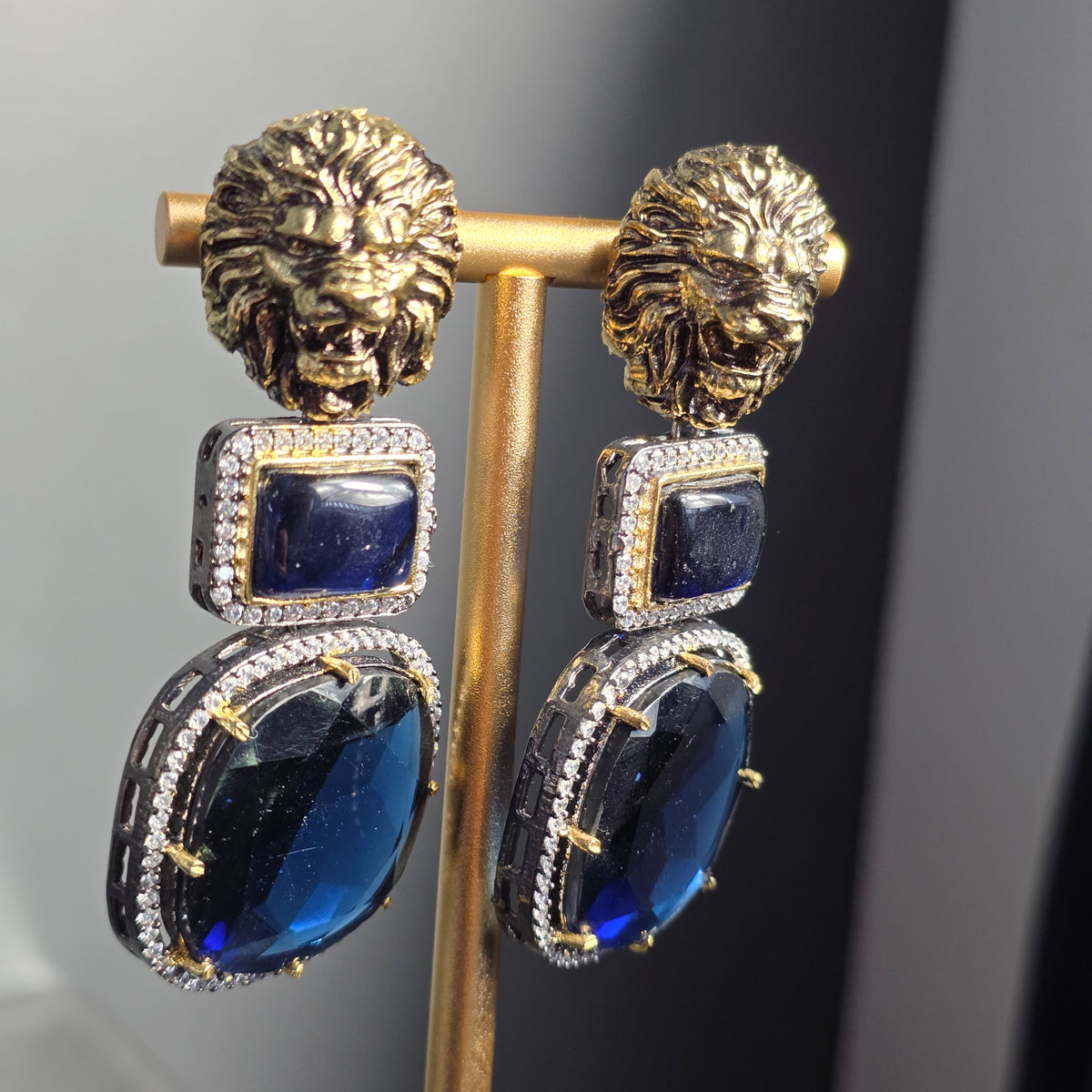 Elyzae Lion Navy Blue Stone Statement Earrings