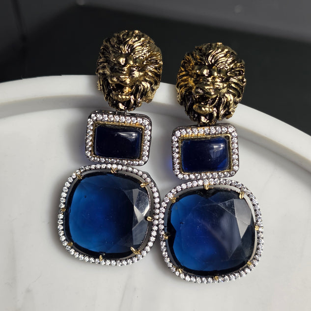Elyzae Lion Navy Blue Stone Statement Earrings