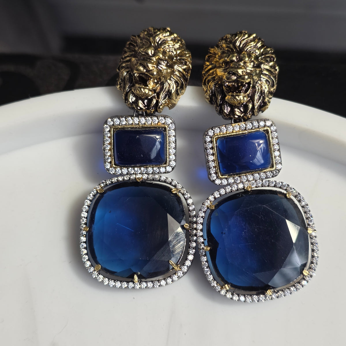 Elyzae Lion Navy Blue Stone Statement Earrings