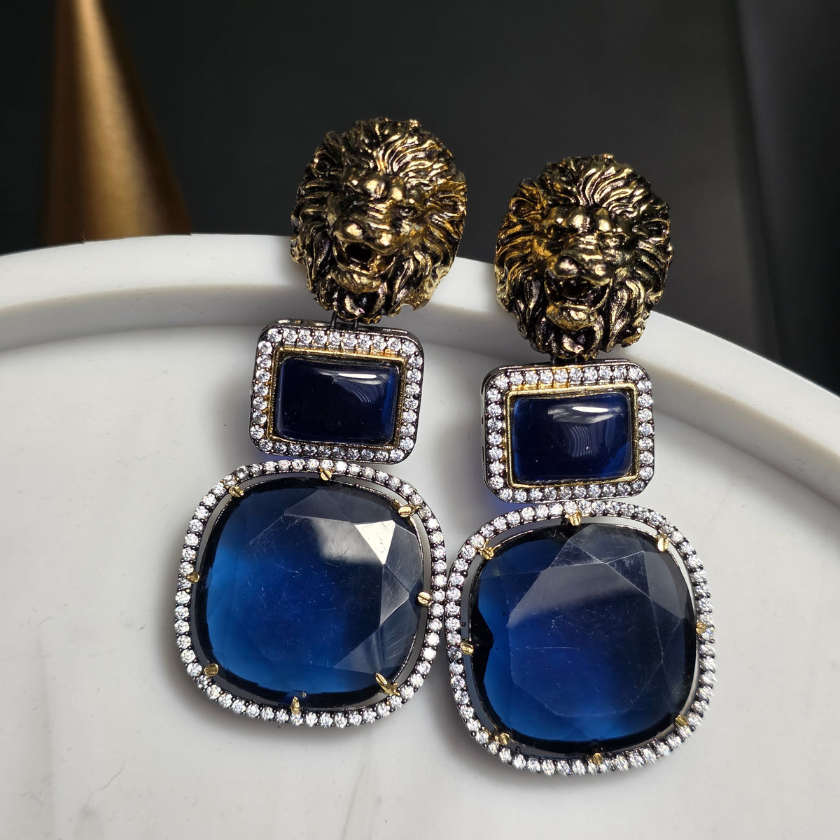 Elyzae Lion Navy Blue Stone Statement Earrings