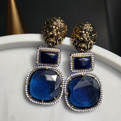 Elyzae Lion Navy Blue Stone Statement Earrings
