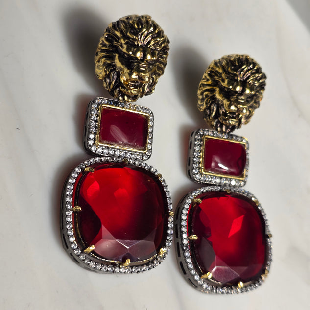Elyzae Lion Ruby Stone Earrings