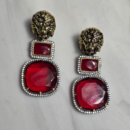 Elyzae Lion Ruby Stone Earrings