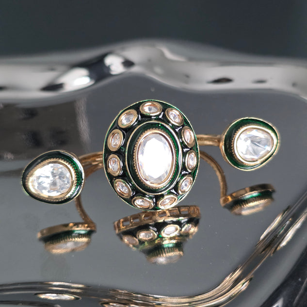 Elyzae Polki Kundan Emerald Double Finger Ring