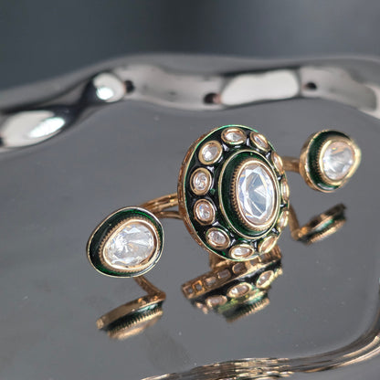 Elyzae Polki Kundan Emerald Double Finger Ring