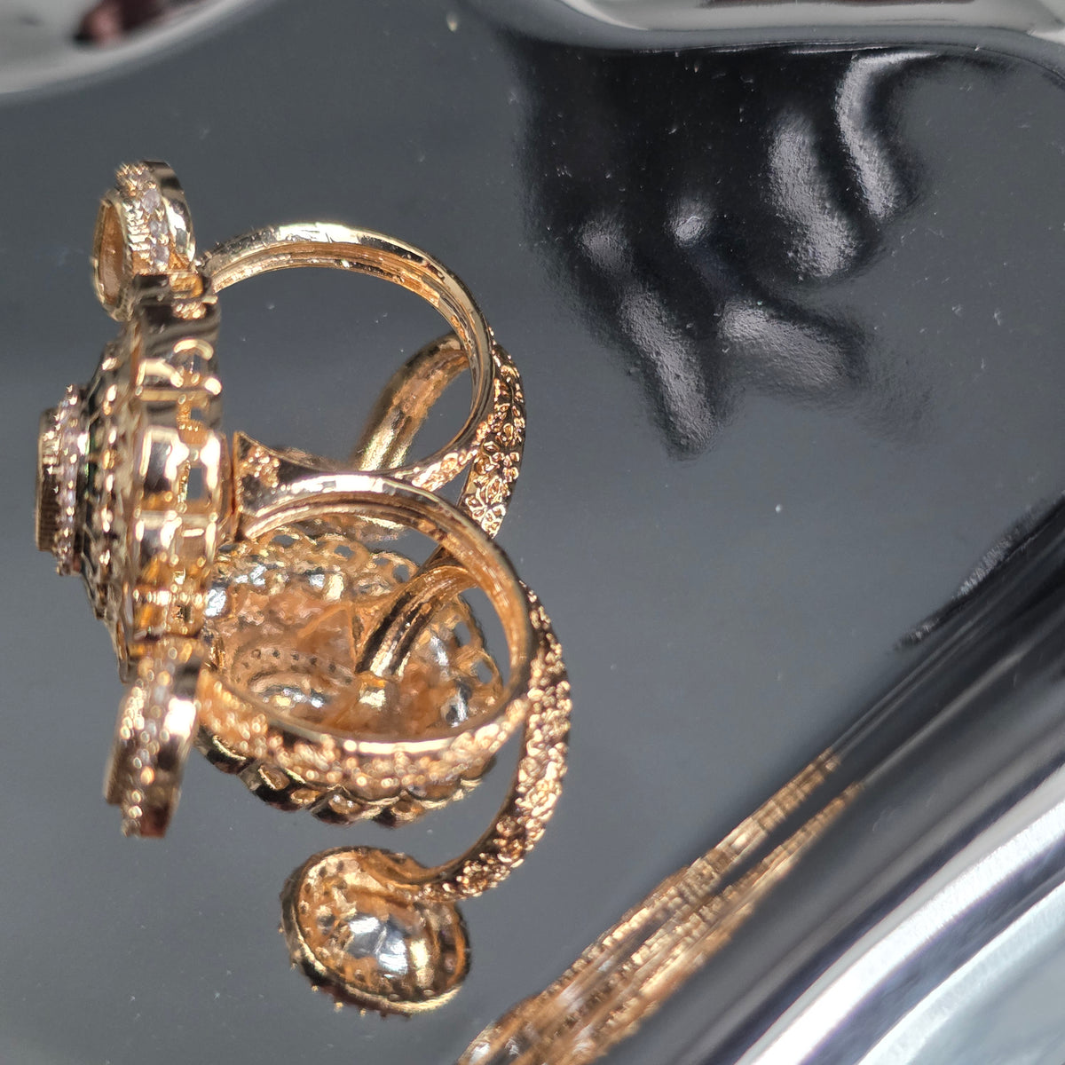 Elyzae Polki Kundan Gold and Crystal Double Finger Ring