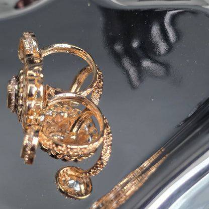 Elyzae Polki Kundan Gold and Crystal Double Finger Ring