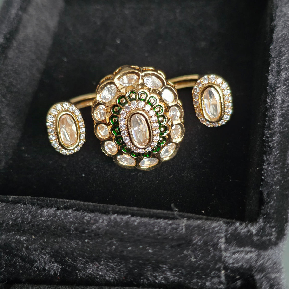 Elyzae Polki Kundan Gold and Crystal Double Finger Ring