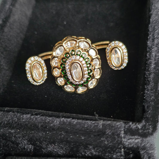 Elyzae Polki Kundan Gold and Crystal Double Finger Ring image 3