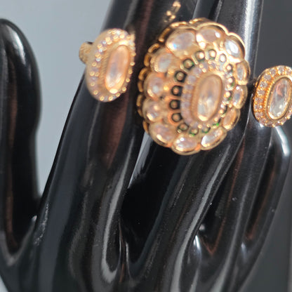 Elyzae Polki Kundan Gold and Crystal Double Finger Ring