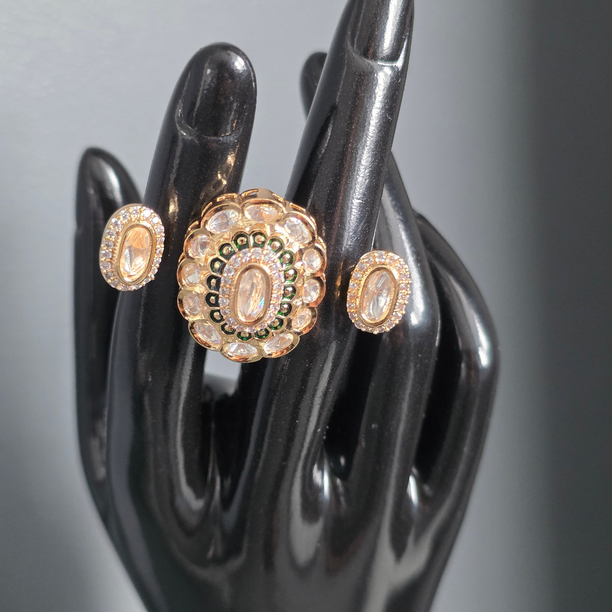 Elyzae Polki Kundan Gold and Crystal Double Finger Ring