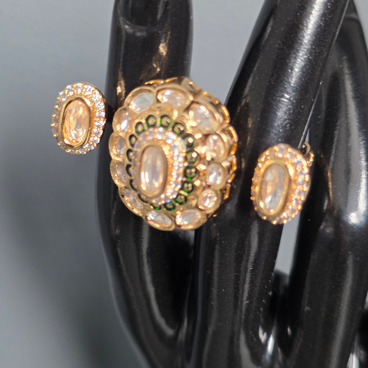 Elyzae Polki Kundan Gold and Crystal Double Finger Ring