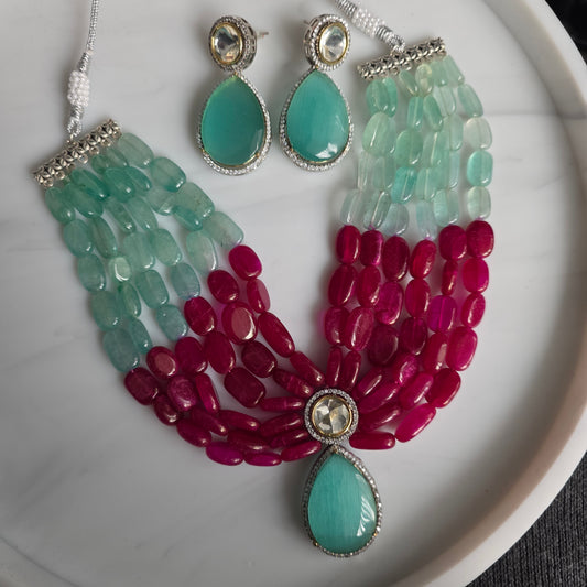 Elyzae Ruby and Aqua Layered Beaded Necklace Set image 2