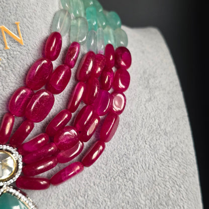 Elyzae Ruby and Aqua Layered Beaded Necklace Set