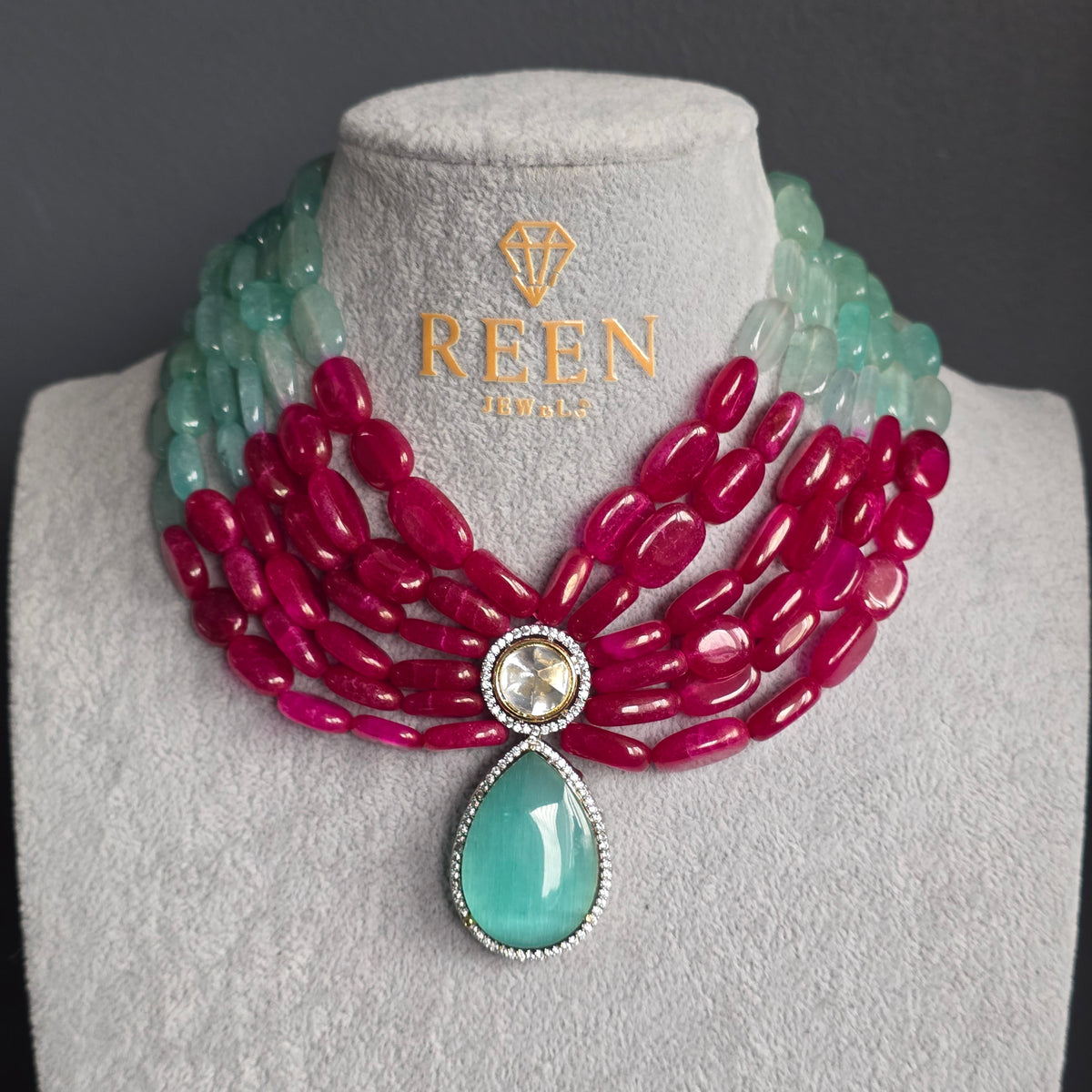 Elyzae Ruby and Aqua Layered Beaded Necklace Set
