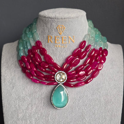 Elyzae Ruby and Aqua Layered Beaded Necklace Set
