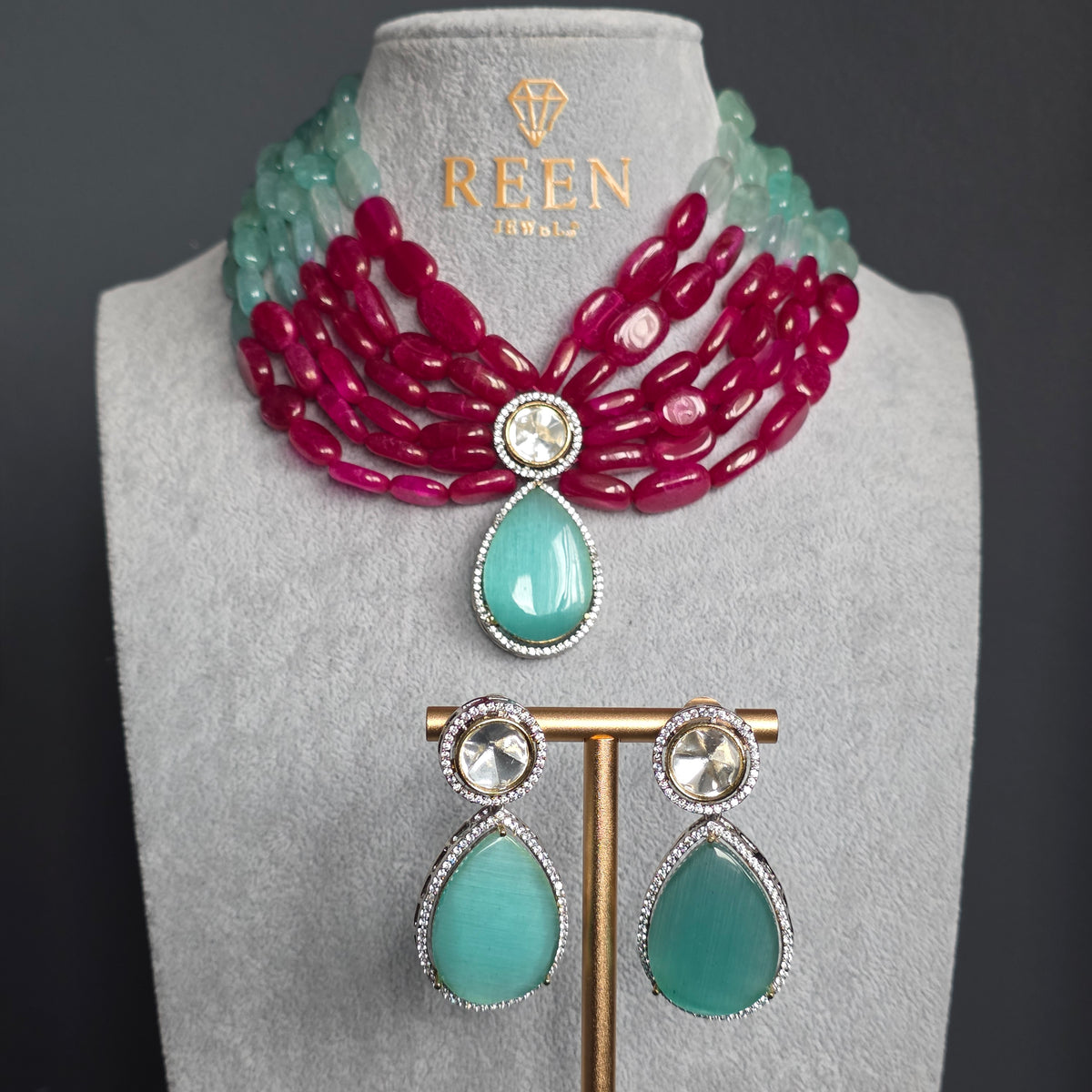 Elyzae Ruby and Aqua Layered Beaded Necklace Set