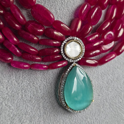 Elyzae Ruby and Aqua Layered Beaded Necklace Set