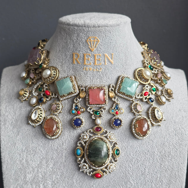 Elyzae Sabyasachi Forest Green Stone Multi Necklace Set