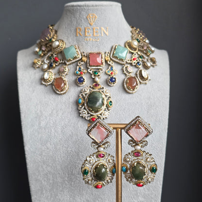 Elyzae Sabyasachi Forest Green Stone Multi Necklace Set