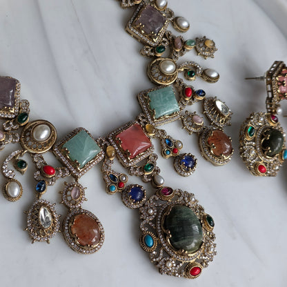 Elyzae Sabyasachi Forest Green Stone Multi Necklace Set