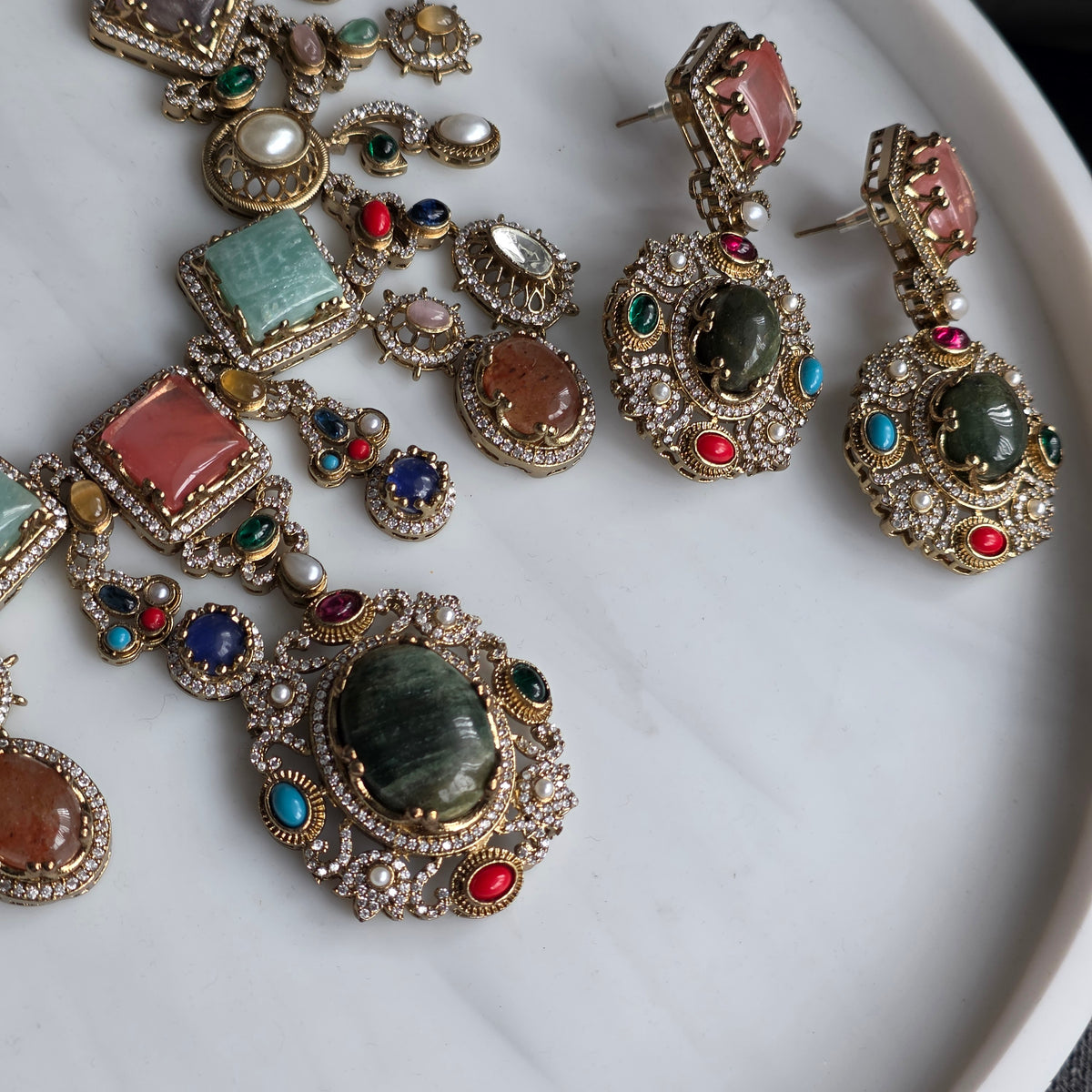 Elyzae Sabyasachi Forest Green Stone Multi Necklace Set