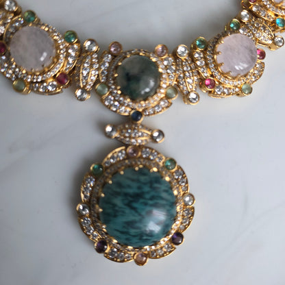 Elyzae Sabyasachi Mint & Opal Pink Stone Necklace Set